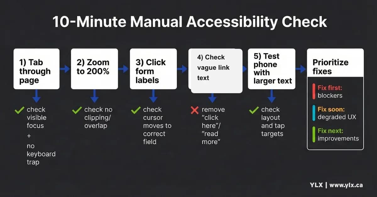 Five-step manual accessibility testing flow showing keyboard tabbing, 200 percent zoom, form label checks, vague link text checks, and large text testing on mobile, with fix-first, fix-soon, and fix-next prioritization