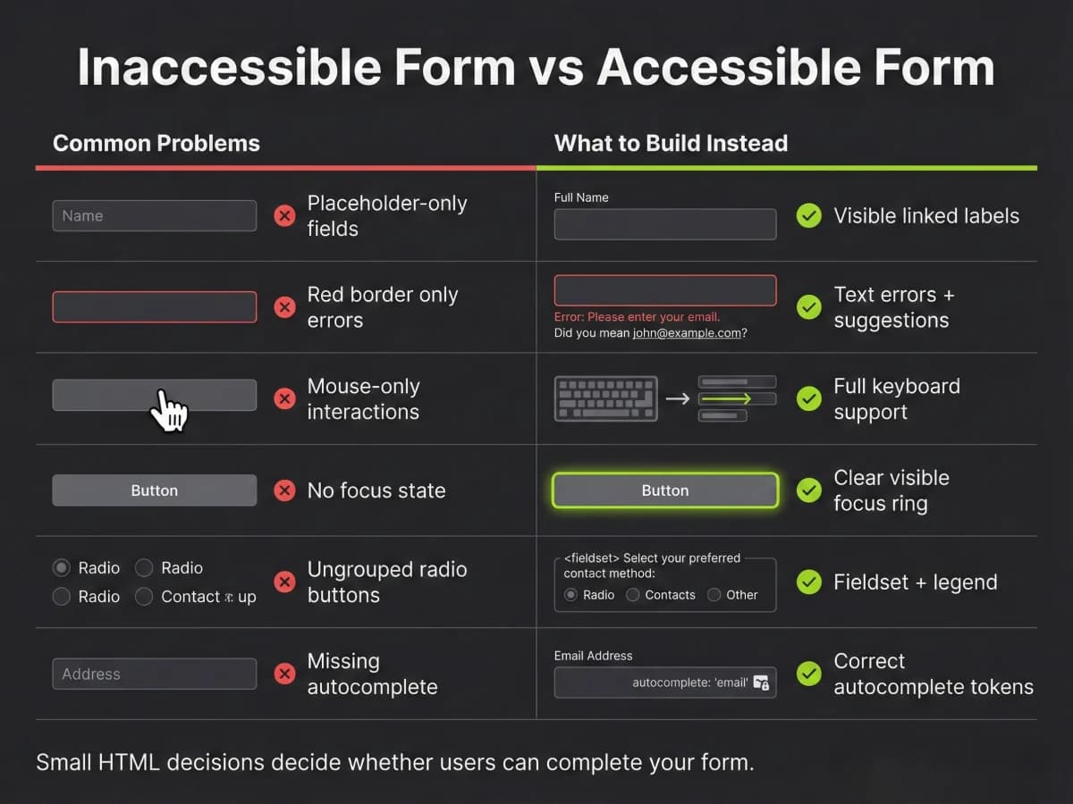 Side-by-side comparison of inaccessible versus accessible forms showing placeholder-only fields versus visible labels, color-only errors versus text suggestions, mouse-only controls versus keyboard support, missing focus states, ungrouped radio inputs, and missing versus correct autocomplete tokens.