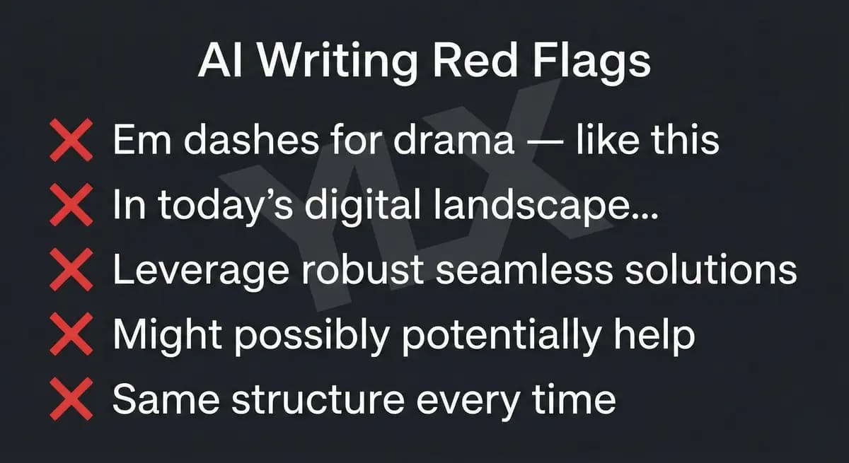 AI writing red flags: em dashes for drama, filler openings, buzzword stacking, hedge words, predictable structure