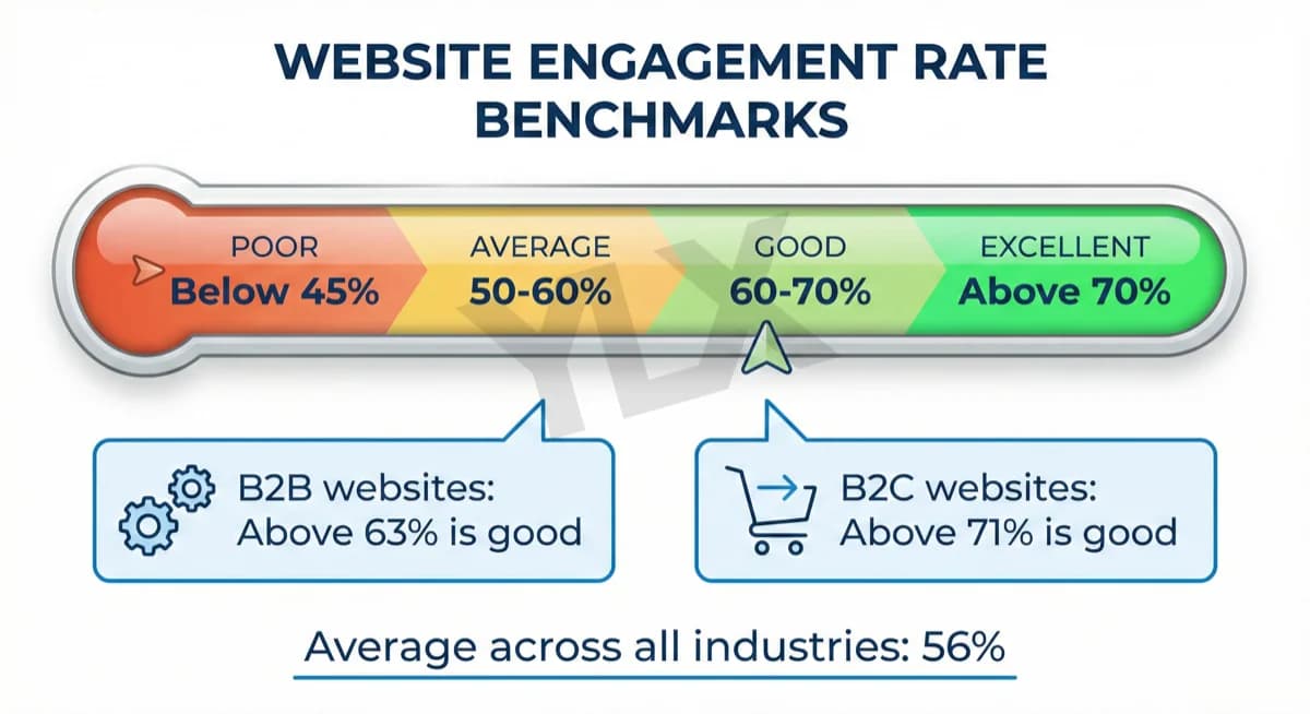 Engagement rate benchmarks: poor below 45%, average 50-60%, good 60-70%, excellent above 70%, with B2B target of 63% and B2C target of 71%