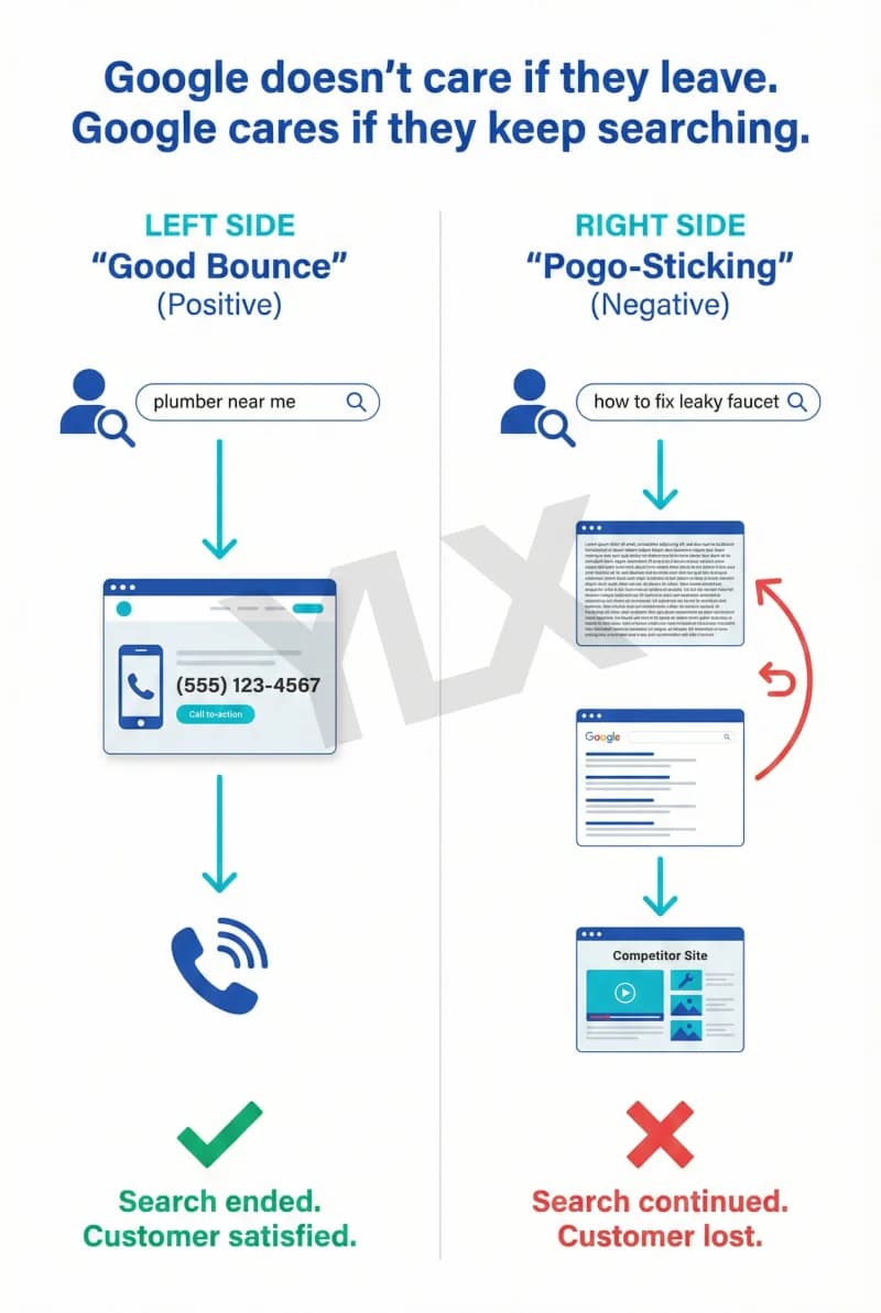 Good bounce vs pogo-sticking: one visitor finds the phone number and calls, the other hits back and tries another search result