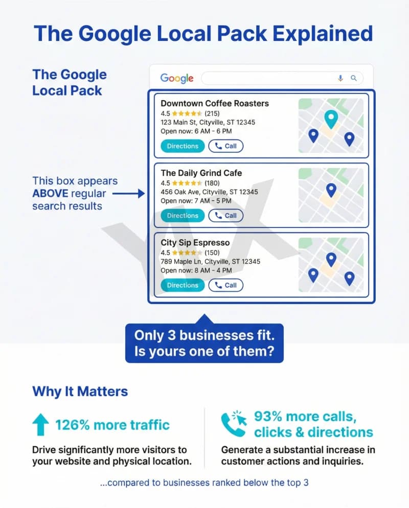 The Google Local Pack showing three business listings with ratings, hours, and a map above regular search results
