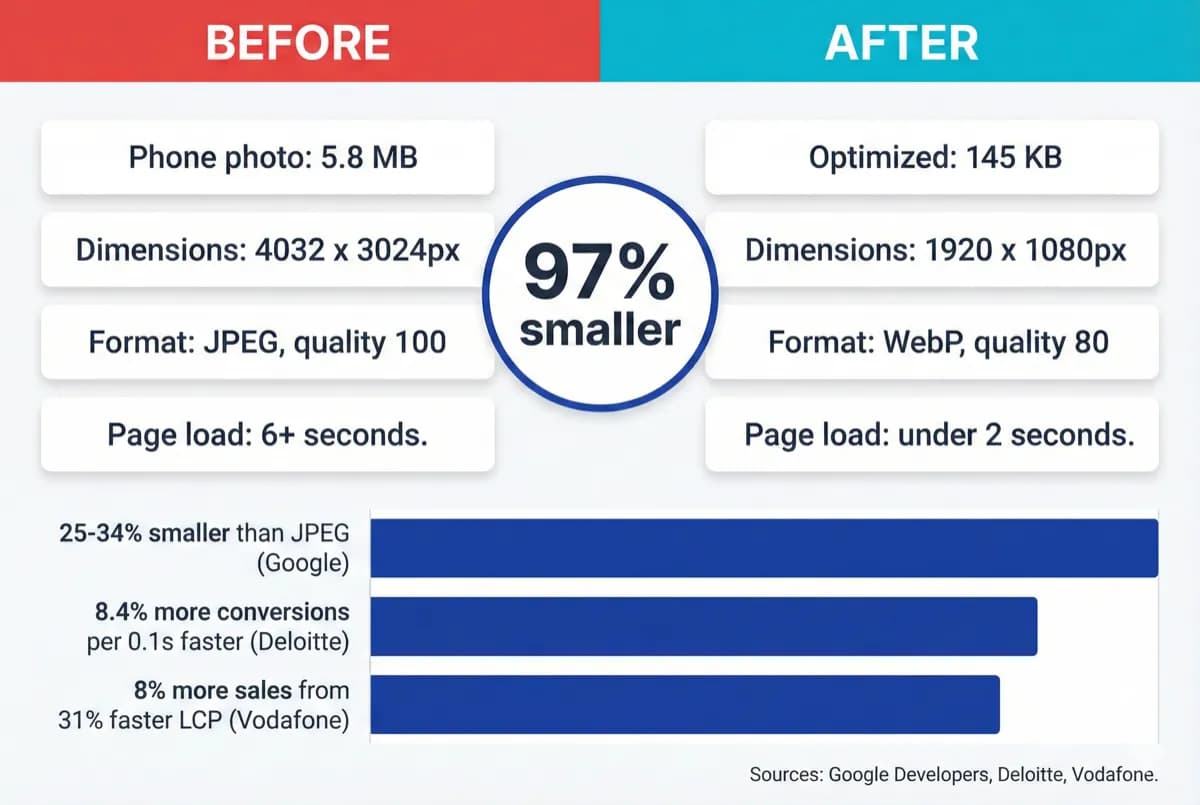 Before and after image optimization: a 5.8 MB phone photo at 4032x3024px becomes a 145 KB WebP at 1920x1080px, 97% smaller, with page load dropping from 6+ seconds to under 2 seconds