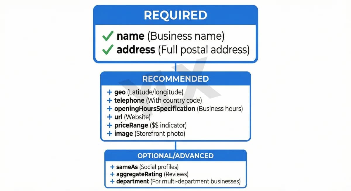 LocalBusiness schema properties: required fields include name and address, recommended fields include geo coordinates, telephone, hours, URL, and price range