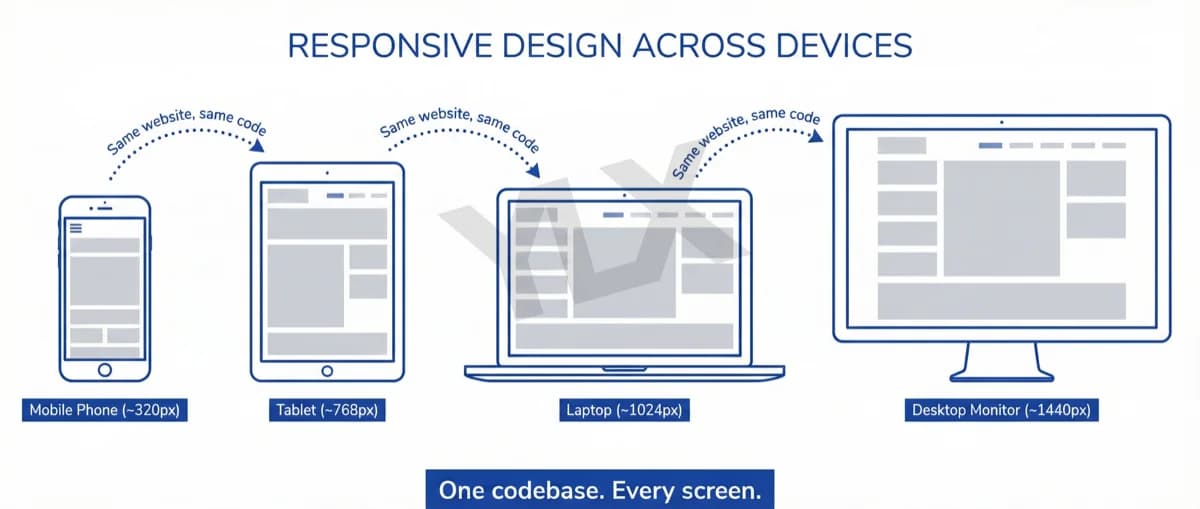 Responsive design demonstration: the same website layout adapting fluidly from mobile phone to tablet to laptop to desktop monitor