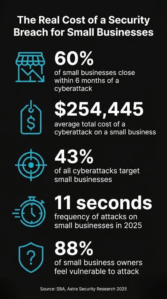The business impact of security breaches includes downtime, lost revenue, and expensive recovery work for small businesses