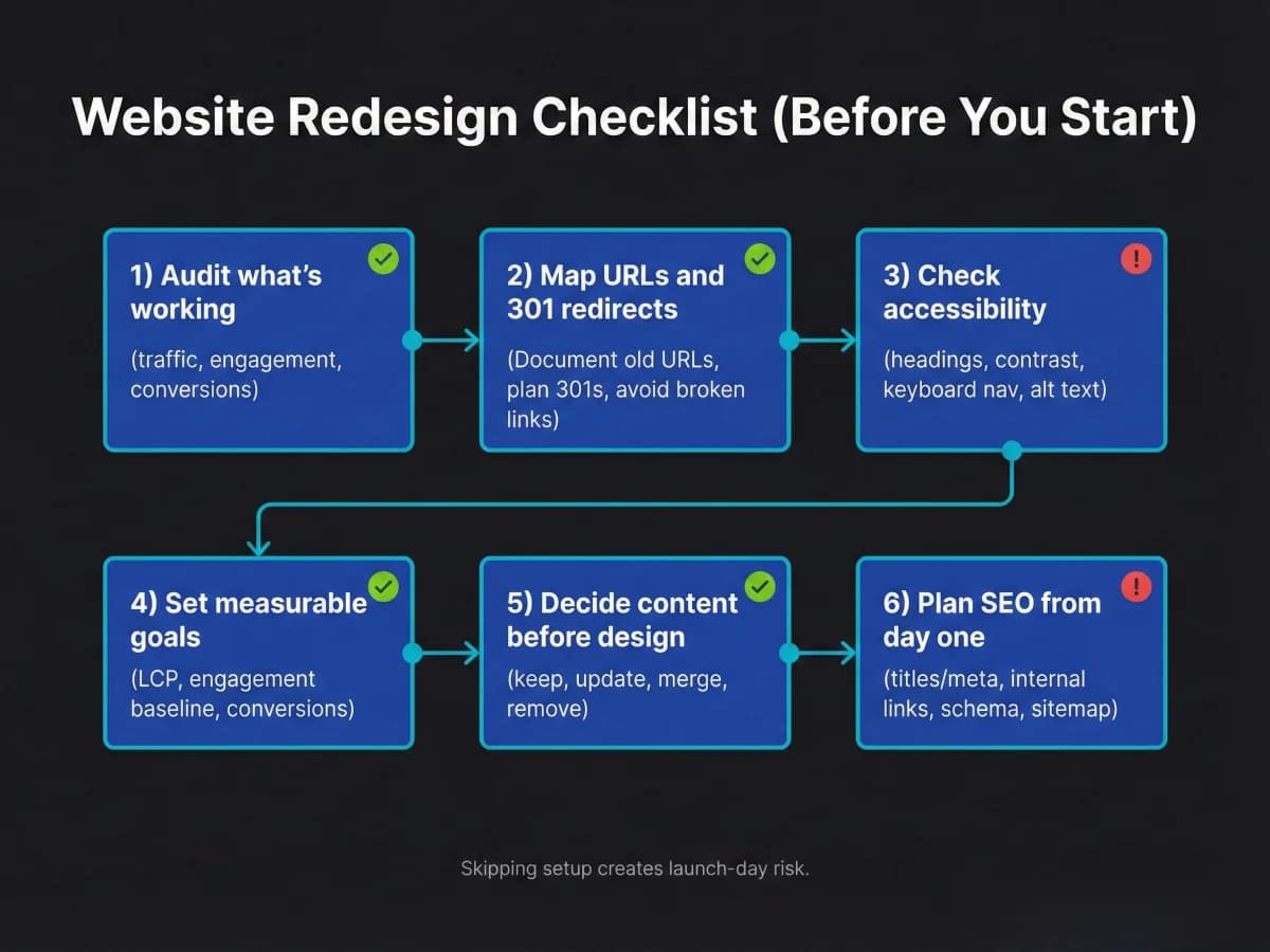 Six-step pre-launch website redesign flow covering performance audit, URL mapping, accessibility, measurable goals, content planning, and SEO setup to reduce launch risk