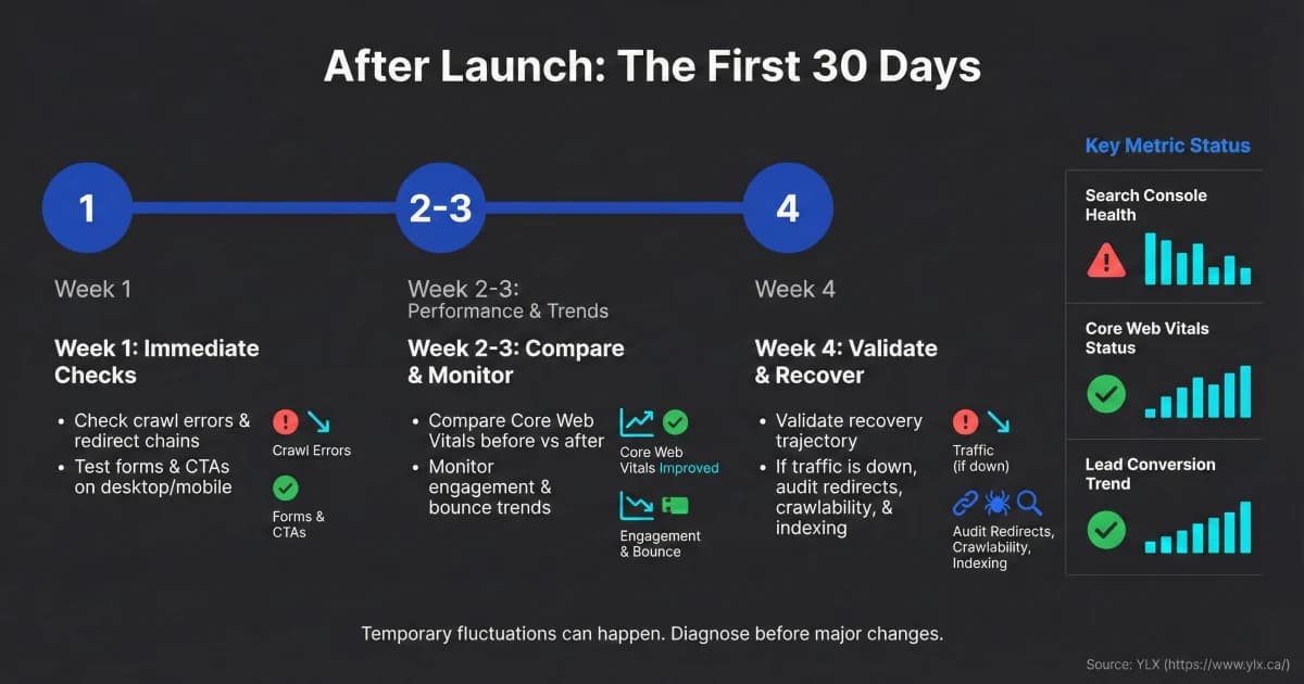 First-30-days post-launch monitoring timeline showing week one technical checks, weeks two to three performance comparisons, and week four recovery validation
