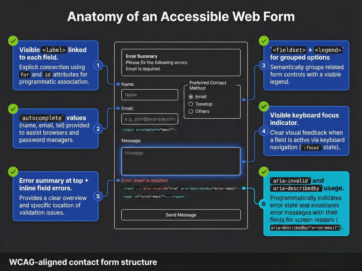 Annotated accessible contact form diagram showing linked labels, autocomplete tokens, grouped options with fieldset and legend, visible focus states, error summary with inline errors, and aria-invalid plus aria-describedby associations.