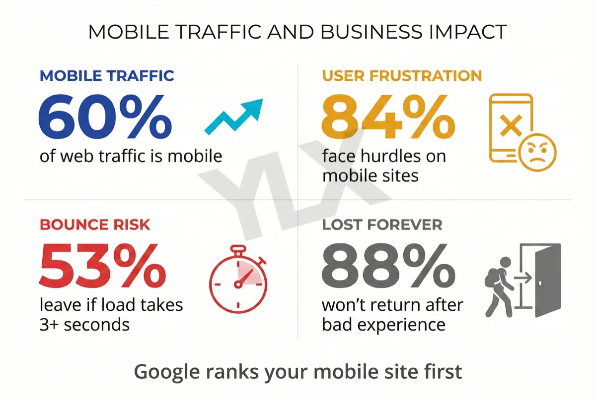 Mobile web statistics: 60% of traffic is mobile, 84% of users face mobile hurdles, 88% won't return after bad experience, 53% leave if load takes over 3 seconds