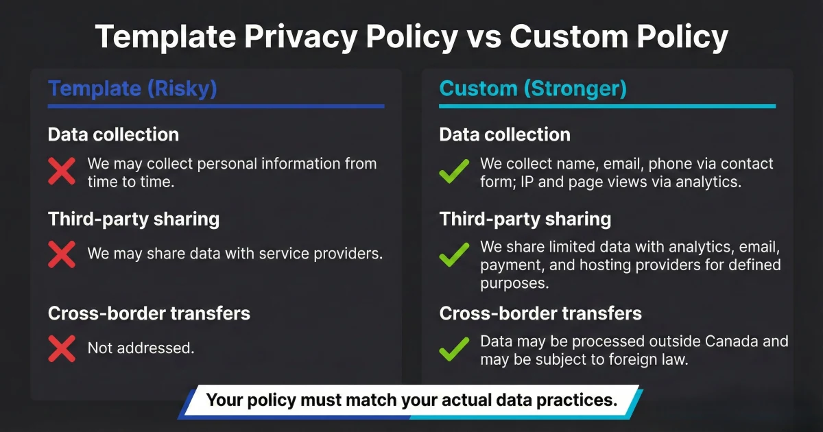 Side-by-side comparison of template privacy policy language versus customized language showing three examples: data collection (vague versus specific types listed), third-party sharing (generic versus naming analytics and email platforms), and cross-border transfers (missing entirely versus disclosing US hosting with legal access risk), with red marks on template issues and green marks on customized versions.
