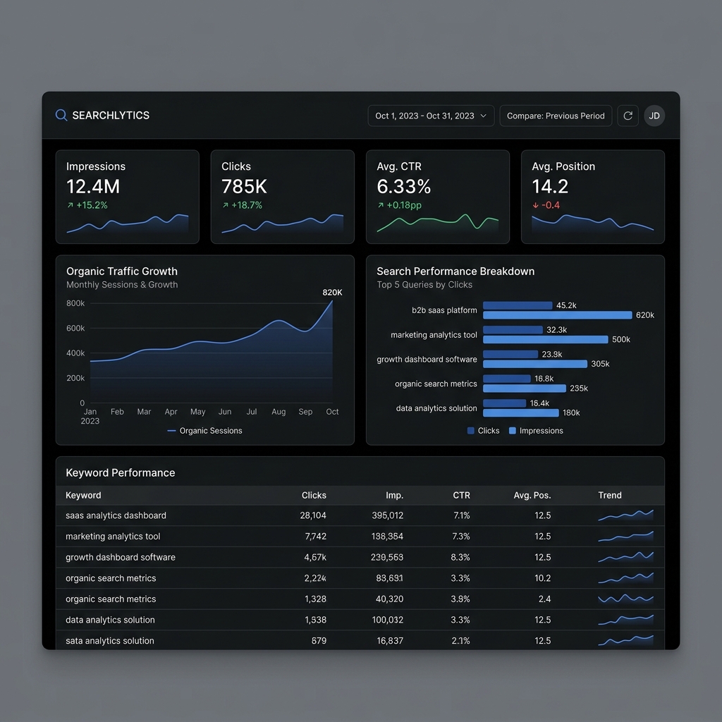 High-ticket organic search performance dashboard showcasing impressions, clicks, CTR, and keyword organic growth
