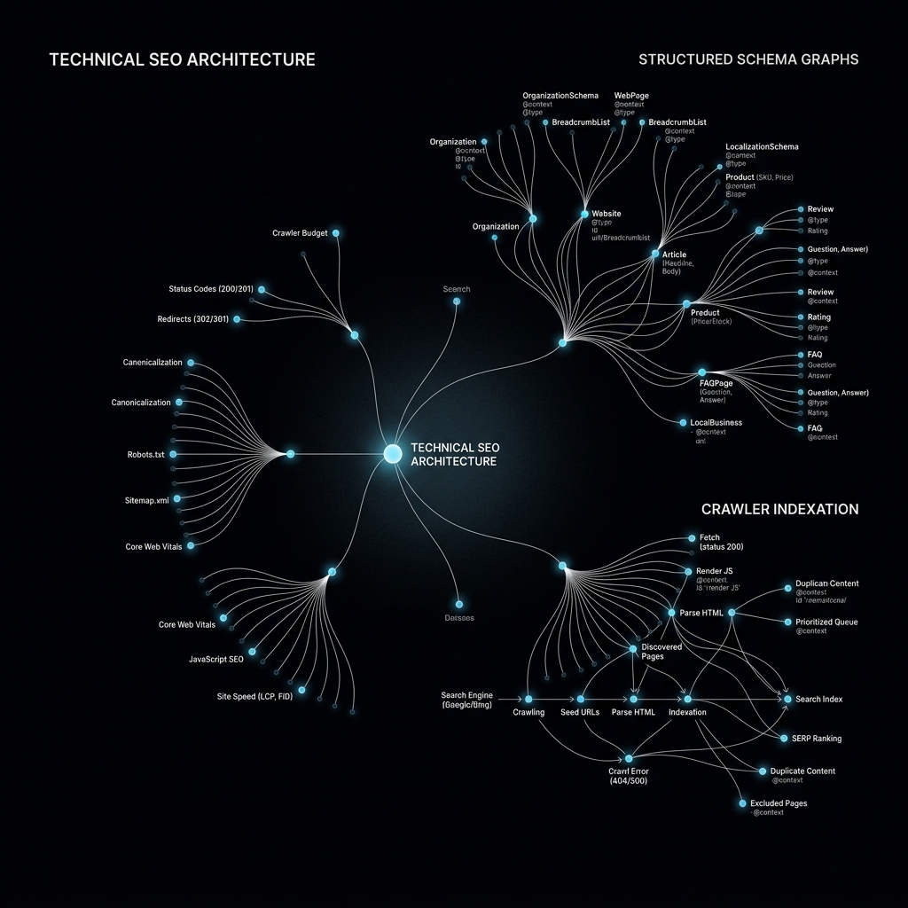 Technical SEO architecture diagram showcasing structured schema graphs, crawler indexation nodes, and core web vitals